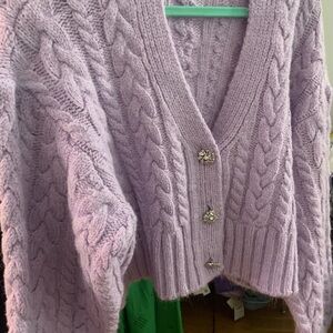 Lavender Cable Knit Button-Front Women's Sweater Cardigan